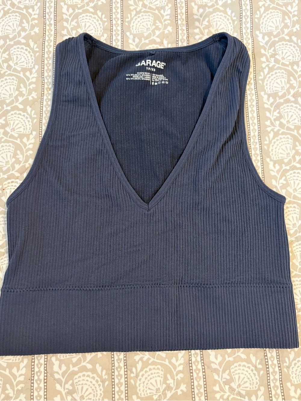 Garage Navy Ribbed V-Neck Crop Top
